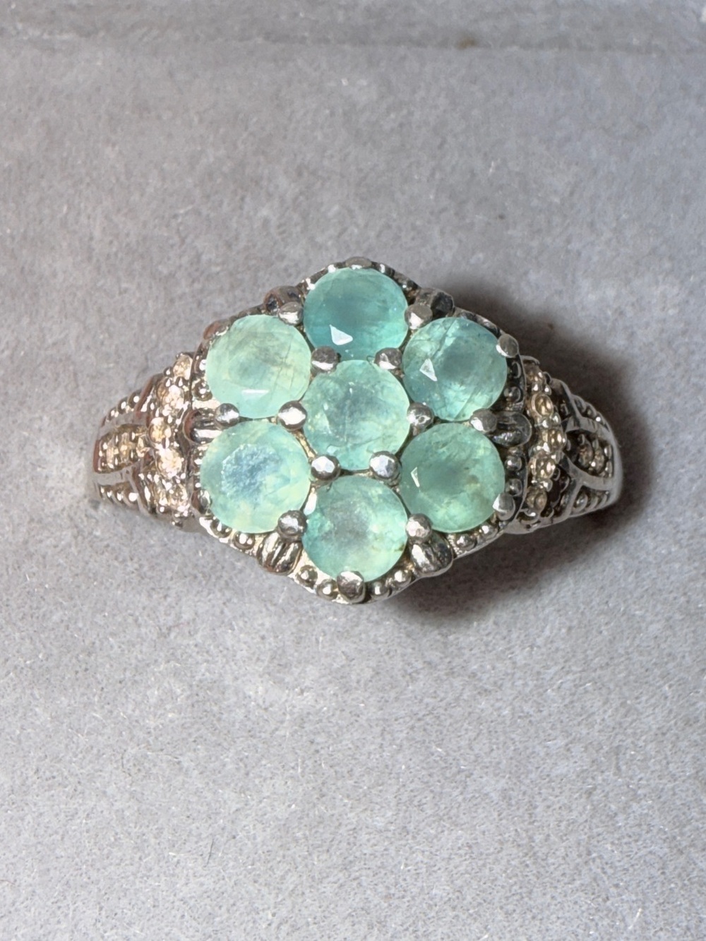 ✨Rare ✨925 Sterling Silver Grandidierite & Diamond Flower Cluster Ring Sz8